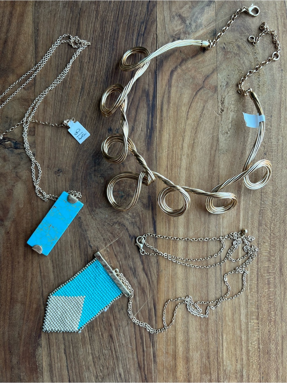 Gold Loop Statement chocker Necklace & 2 tourqiuse pendants 1 resin & 1 woven